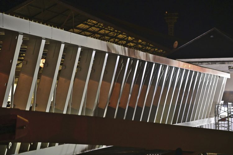 Travaux publics, Gare Périgueux, Nuit, Pose passerelle, Grue, Chantier