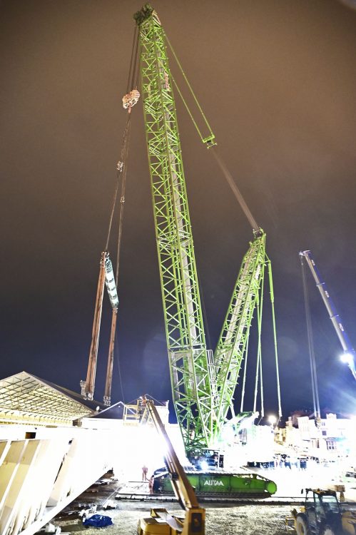Travaux publics, Gare Périgueux, Nuit, Pose passerelle, Grue, Chantier